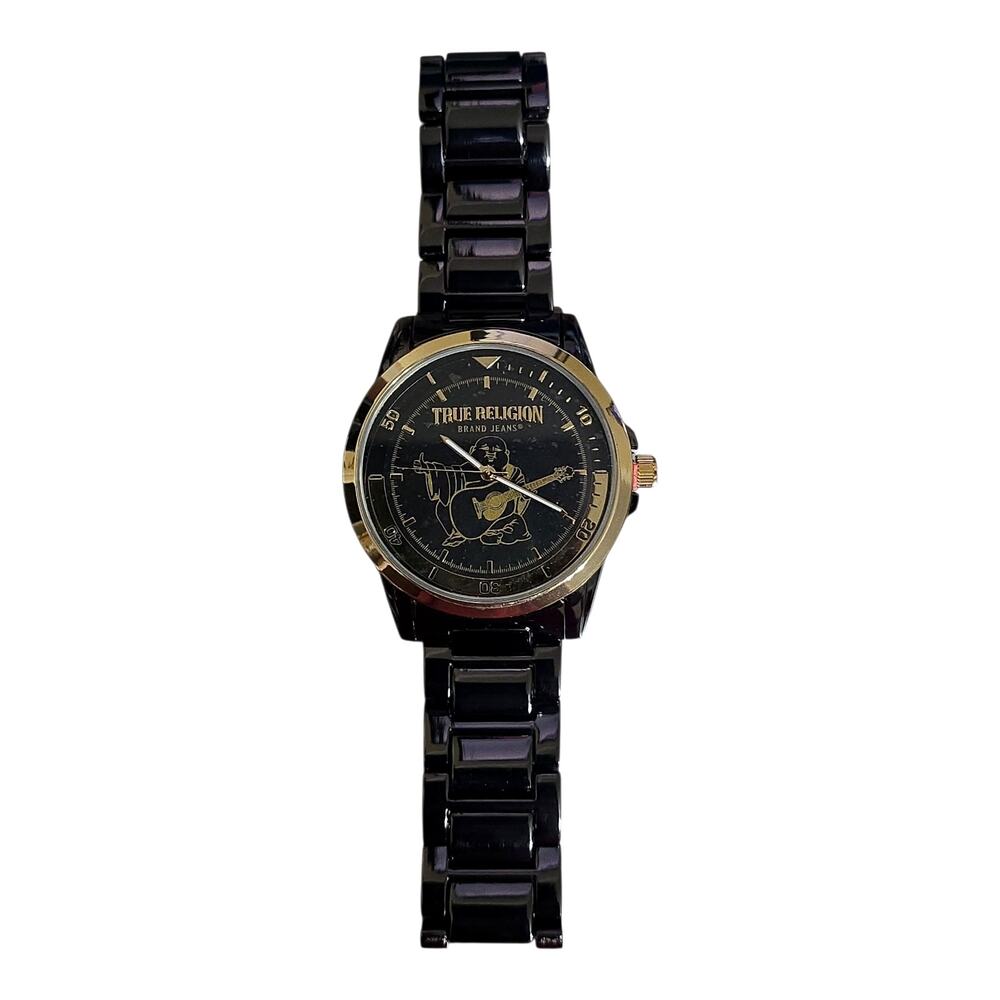 True Religion Men’s Gunmetal Gold Bracelet Buddha Guitar Logo Watch TRM102